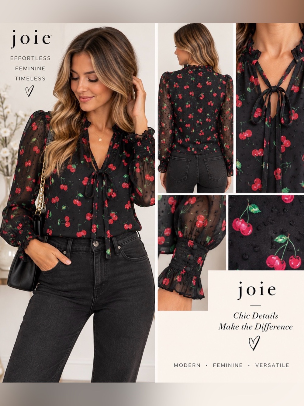709 Joie XS Black Cherry Print Swiss Dot Sheer Long Sleeve Ruffle Blouse